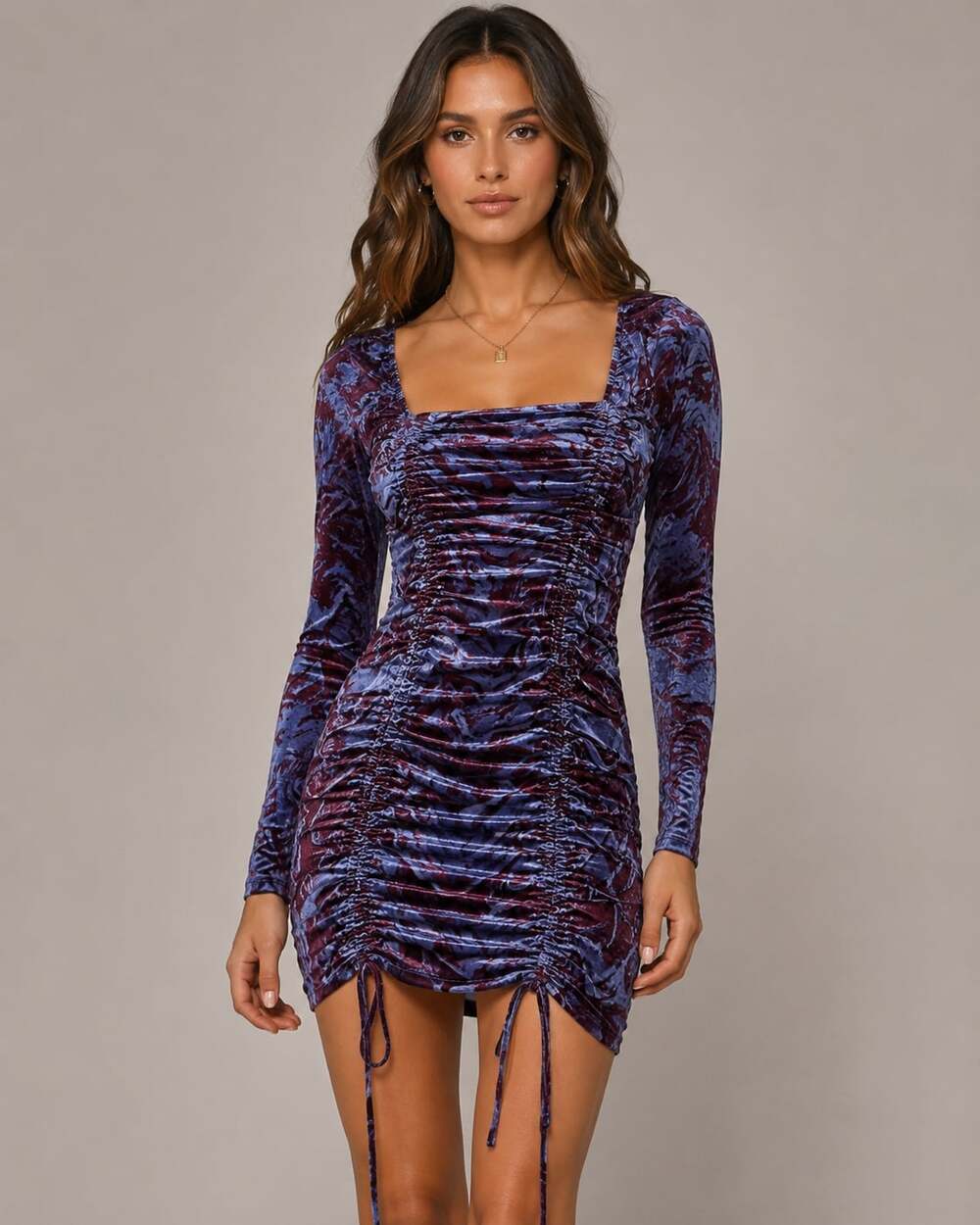 Wild Fable Women's Long Sleeve Marble Print Velvet Ruched Bodycon Mini Dress